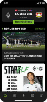 Ein Screendesign der FohlenApp von Borussia Mönchengladbach wird dargestellt, um einen kurzen Einblick in die App zu geben.