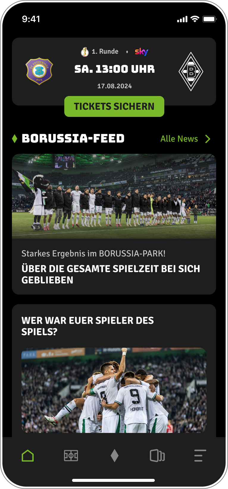 Homebildschirm der Fohlen-App mit Spieltagsinfos, Ticket-Kauf, News-Feed.