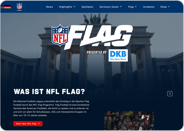 Informationsbereich zum NFL-Flag-Programm mit Vorstellungsvideo auf der NFL-Germany-Plattform